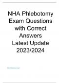 NHA Phlebotomy Exam Questions with Correct Answers Latest Update 2023/2024