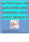 issa final exam 100 QUESTIONS AND ANSWERS 2023 LATEST GRADED A     1.	the primary fuel during endurance exercise is: fatty acids 2.	the human body consists of: chemicals, cells, tissues 3.	Metabolism can be categorized in the following phases: catabolism 