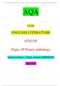 June 2022 AQA GCSE ENGLISH LITERATURE 8702/1P Paper 1P Poetry anthology Question Paper + Mark scheme [MERGED] 