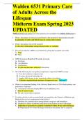 Walden 6531 Primary Care of Adults Across the  Lifespan   Midterm Exam Spring 2023 UPDATED  