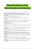 Real Estate U Final Exam Questions With Answers 100% Verified 2023/2024 and 2023 Real Estate U Final Exam Questions And Answers | Latest Update 100% Verified