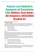 Kaplan and Sadock's  Synopsis of Psychiatry  12th Edition Test Bank - All Chapters 20232024  Graded A+