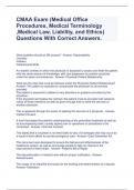 CMAA Exam (Medical Office Procedures, Medical Terminology ,Medical Law, Liability, and Ethics) Questions With Correct Answers.