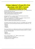 Claims Adjuster's Exam (FL) Test Questions with 100% Correct Solutions Graded to Pass