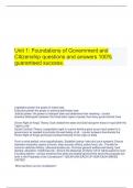    Unit 1: Foundations of Government and Citizenship questions and answers 100% guaranteed success.