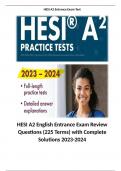 HESI A2 English Entrance Exam Review Questions (225 Terms) with Complete Solutions 2023-2024