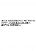 CPNRE Practice Questions And Answers (100%Verified) Solutions | LATEST UPDATE| ASSURED A+, CPNRE Exam Questions and Answers Latest Update Assured A+ & CPNRE Exam Prep 150 Questions and Answers| Correctly Answered | Assured A+.