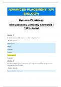 ADVANCED PLACEMENT (AP) BIOLOGY:   Systems Physiology 540 Questions Correctly Answered |   100% Rated