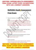 NUR 2092 / NUR2092 HEALTH ASSESSMENT FINAL EXAM. LATEST OVER 130 QUESTIONS WITH 100% CORRECT ANSWERS