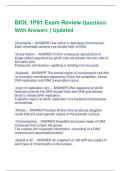 BIOL 1P91 Exam Review Questions  With Answers | Updated Chromatids - ANSWER One half of a replicated chromosome.  Each chromatid contains one double helix of DN