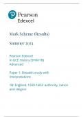 Edexcel a level history paper option 1b mark scheme england 1509 1603 authority nation and religion june 2023