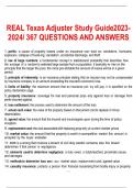 REAL Texas Adjuster Study Guide2023- 2024/ 367 QUESTIONS AND ANSWERS 1. perils: a cause of property losses under an insurance con- tract ex: windstorm, hurricane,  explosion, collapse of build-ing, vandalism, accidental discharge, and theft 2. law of larg