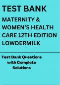 Test Bank for Maternity & Women’s Health Care, 12th Edition, Lowdermilk (NEWEST 2024)