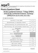 AQA Physics Equations Sheet GCSE Combined Science: Trilogy (8464) and GCSE Combined  Science: Synergy (8465) FOR USE IN JUNE 2023 ONLY 