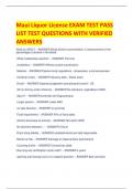 Maui Liquor License EXAM TEST PASS  LIST TEST QUESTIONS WITH VERIFIED  ANSWERS What is a BAC? - ANSWER blood alcohol concentration, a measurement of the  percentage of alcohol in the blood What metabolizes alcohol? - ANSWER The liver cerebellum - ANSWER A