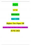 AQA GCSE PHYSICS 8463/2HR Higher Tier Paper 2H Question Paper and Mark scheme {MERGED} JUNE 2022