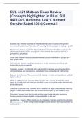 BUL 4421 Midterm Exam Review (Concepts highlighted in Blue)  BUL 4421-001, Business Law 1, Richard Gendler Rated 100% Correct!!