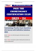 Cosmetology Practice Exam Questions (214 terms) with Definitive Solutions 2024. Terms like; Sterilization - Answer: complete elimination of all microbial life, including spores. Only necessary when instruments have come in contact with blood.