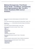 Medical Emergencies: Final Exam Study Guide - Conditions, emergencies and sings/symptoms (Ms. Corum's Class) Questions With Correct Answers.