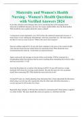 Maternity and Women's Health  Nursing - Women's Health Questions  with Verified Answers 2024 