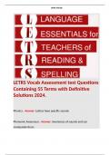 LETRS Vocab Assessment test Questions Containing 55 Terms with Definitive Solutions 2024.Terms like;  Phonics - Answer: Letters have specific sounds Phonemic Awareness - Answer: Awareness of sounds and can manipulate them