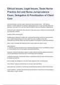 Ethical Issues, Legal Issues, Texas Nurse Practice Act and Nurse Jurisprudence Exam, Delegation & Prioritization of Client Care Exam Questions and Answers 2024.