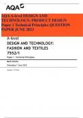 AQA A-level DESIGN AND  TECHNOLOGY: PRODUCT DESIGN  Paper 1 Technical Principles QUESTION  PAPER JUNE 2023  A-level DESIGN AND TECHNOLOGY: FASHION AND TEXTILES 7552/1 Paper 1 Technical Principles Mark scheme Wenesday 7 June 2023 Version: 1.0 Final