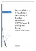  Edexcel GCE Advance Subsidiary In English Literature (8ET0) Paper 1: Poetry and Drama Mark Scheme (Results) Summer 2023