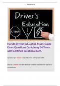 Florida Drivers Education Study Guide Exam Questions Containing 54 Terms with Certified Solutions 2024. Terms like; regulatory sign - Answer: a sign that control and regulates traffic.  Stop sign - Answer: only eight-sided sign-complete stop before the st