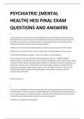 PSYCHIATRIC (MENTAL  HEALTH) HESI FINAL EXAM  QUESTIONS AND ANSWERS