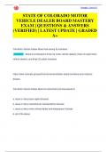 STATE OF COLORADO MOTOR  VEHICLE DEALER BOARD MASTERY  EXAM | QUESTIONS & ANSWERS  (VERIFIED) | LATEST UPDATE | GRADED  A+