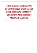 Life insurance psi Exam PSI LIFE INSURANCE EXAM LATEST 2023-2024 REAL EXAM 100+ QUESTIONS AND CORRECT ANSWERS|AGRADE 