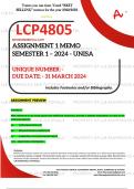 LCP4805 ASSIGNMENT 1 MEMO - SEMESTER 1 - 2024 UNISA – DUE DATE: - 31 MARCH 2024 (DETAILED ANSWERS WITH FOOTNOTES AND A BIBLIOGRAPHY - DISTINCTION GUARANTEED!)