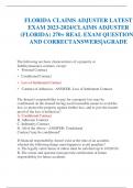 FLORIDA CLAIMS ADJUSTER LATEST EXAM 2023-2024CLAIMS ADJUSTER (FLORIDA) 270+ REAL EXAM QUESTIONS AND CORRECT ANSWERSAGRADE