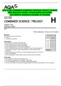 AQA GCSE COMBINED SCIENCES 8464/B/2H TRILOGY HIRHER TIER BIOLOGY PAPER 1 EXAM QUESTION PAPER  (AUTHENTIC MARKING SCHEME ATTACHED)