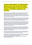 TEXAS DEPARTMENT OF INSURANCE-General Lines-Life, Accident & Health Study Guide Health, Policy Provisions, Clauses, and Riders Questions and Answers