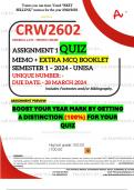 CRW2602 ASSIGNMENT 1 QUIZ MEMO - SEMESTER 1 - 2024 UNISA – DUE DATE: - 28 MARCH 2024 (DISTINCTION GUARANTEED!)