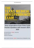 Texas Jurisprudence Exam Study Guide Practice Questions with Answers 2024-2025. Terms like: Facts about the Exam - Answer: 2 hours long Must pass with 75% Minimum of 50 questions. 