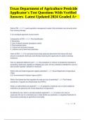 Texas Department of Agriculture Pesticide Applicator's Test Questions With Verified Answers Latest Updated 2024 Graded A+. 