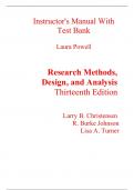 Instructor Manual with Test Bank for Research Methods, Design, and Analysis 13th Edition By Larry Christensen, Burke Johnson, Lisa Turner (All Chapters, 100% Original Verified, A+ Grade)