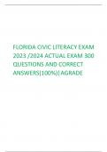  FLORIDA CIVIC LITERACY EXAM  2023 /2024 ACTUAL EXAM 300  QUESTIONS AND CORRECT ANSWERS(100%)|AGRADE                   Which doc represents the supreme law of land? - >>>-us constitution    What does the US const., do? - >>>-sets up fede