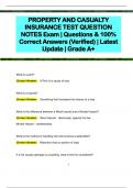 PROPERTY AND CASUALTY  INSURANCE TEST QUESTION  NOTES Exam | Questions & 100%  Correct Answers (Verified) | Latest  Update | Grade A+ 