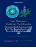 Wastewater Class D Texas License Study Guide Exam Questions Containing 194 Terms with Certified Solutions 2024-2025. 