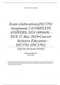 Exam (elaborations) INC3701 Assignment 2 (COMPLETE ANSWERS) 2024 (688449) - DUE 21 May 2024 •	Course •	Inclusive Education - INC3701 (INC3701) •	Institution •	University Of South Africa (Unisa) •	Book •	White Paper on Education and Training INC3701 Assign