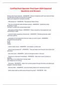 Certified Pool Operator Final Exam 2024 Expected  Questions and Answers Primary job of pool operator - ANSWERS Ensure compliance with local code and laws Provide safe ad clean environment for guests Make sure equipment is properly working  RWI stands for 