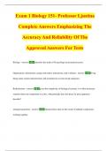 Exam 1 Biology 151- Professor Ljustina Complete Answers Emphasizing The Accuracy And Reliability Of The Approved Answers For Tests.