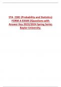 STA 2381 (Probability and Statistics)  FORM A EXAM 2Questions with  Answer Key 2023/2024 Spring Series  Baylor University