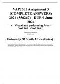  Exam (elaborations) VAP2601 Assignment 3 (COMPLETE ANSWERS) 2024 (556267) - DUE 9 June 2024 •	Course •	Visual and performing Arts - VAP2601 (VAP2601) •	Institution •	University Of South Africa (Unisa) •	Book •	Visual and Performing Arts Framework VAP2601