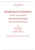 Instructor Manual for Government by the People 2022 Midterm Election Update 27th Edition By David Magleby, Paul Light, Christine Nemacheck (All Chapters, 100% Original Verified, A+ Grade) 