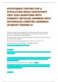 HYPOTHESIS TESTING FOR A  POPULATION MEAN CHECKPOINT  TEST 2024 QUESTIONS WITH  CORRECT DETAILED ANSWERS WITH  RATIONALES (VERIFIED ANSWERS)  |ALREADY GRADED A+ 